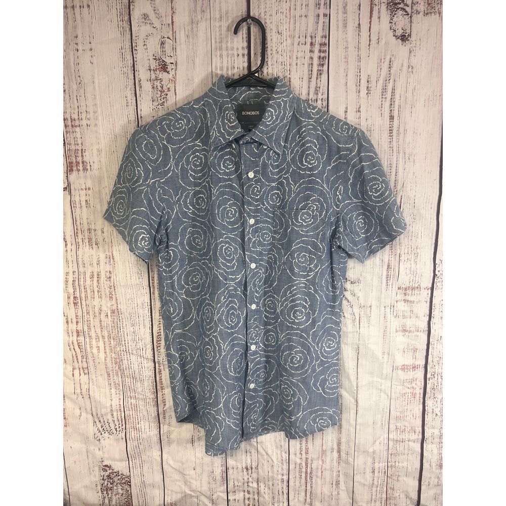 Bonobos Blue Rose Pattern Button Down Shirt Floral Print Casual Cotton Size S